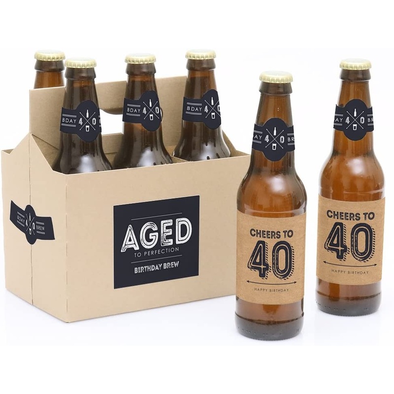 40th Milestone Birthday - Dashingly Aged to Perfection - Birthday Party Decorations for Men - 6 Beer Bottle Label Stickers and 1 Carrier