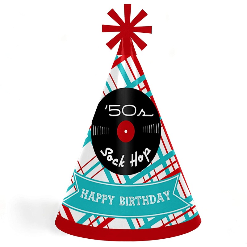 50's Sock Hop - Cone Happy Birthday Party Hats for Kids and Adults - Set of 8