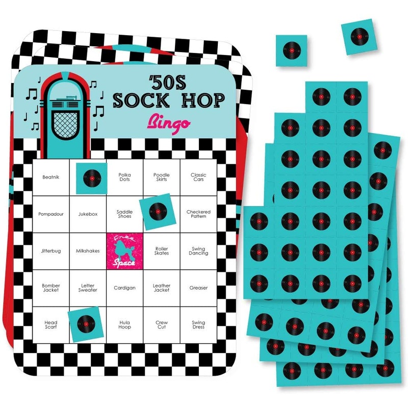 50s Sock Hop - Bar Bingo Cards and Markers - 1950s Rock N Roll Party Bingo Game - Set of 18