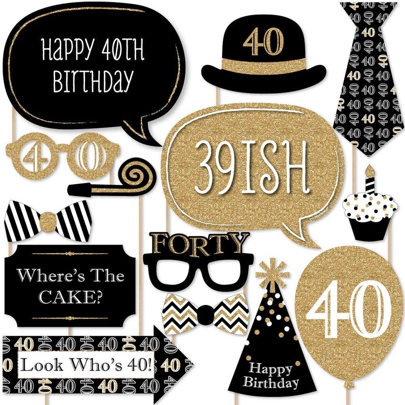 Adult 40th Birthday - Gold - Birthday Party Photo Booth Props Kit - 20 Count