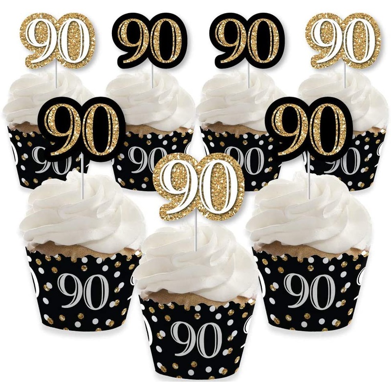 Adult 90th Birthday - Gold - Cupcake Decoration - Birthday Party Cupcake Wrappers and Treat Picks Kit - Set of 24