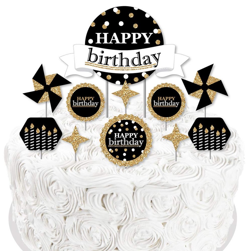 Adult Happy Birthday - Gold - Birthday Party Cake Decorating Kit - Happy Birthday Cake Topper Set - 11 Pieces