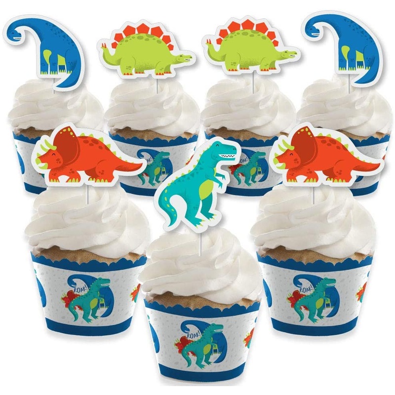 Roar Dinosaur - Cupcake Decoration - Dino Mite Trex Baby Shower or Birthday Party Cupcake Wrappers and Treat Picks Kit - Set of 24