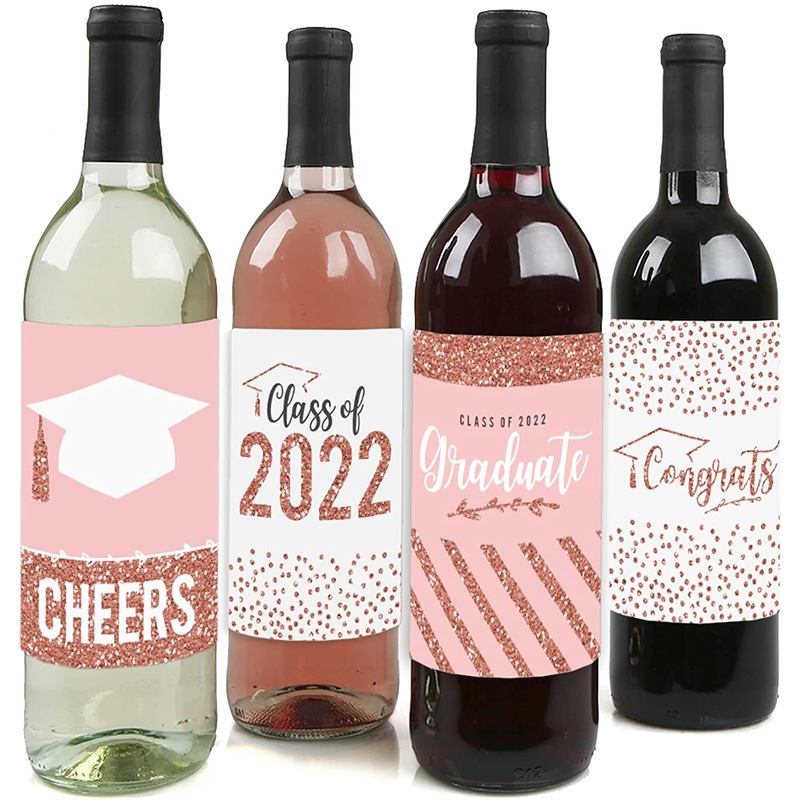 Rose Gold Grad - 2022 Graduation Party Decorations for Women and Men - Wine Bottle Label Stickers - Set of 4