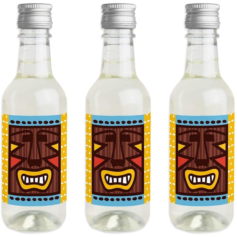 Tiki Luau - Mini Wine and Champagne Bottle Label Stickers - Tropical Hawaiian Summer Party Favor Gift for Women and Men - Set of 16