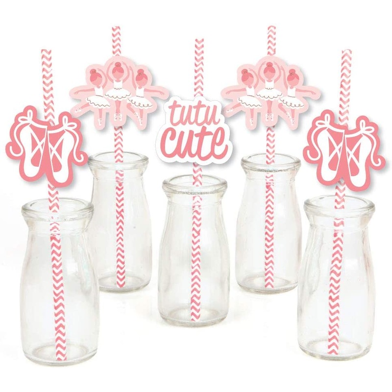 Tutu Cute Ballerina - Paper Straw Decor - Ballet Birthday Party or Baby Shower Striped Decorative Straws - Set of 24