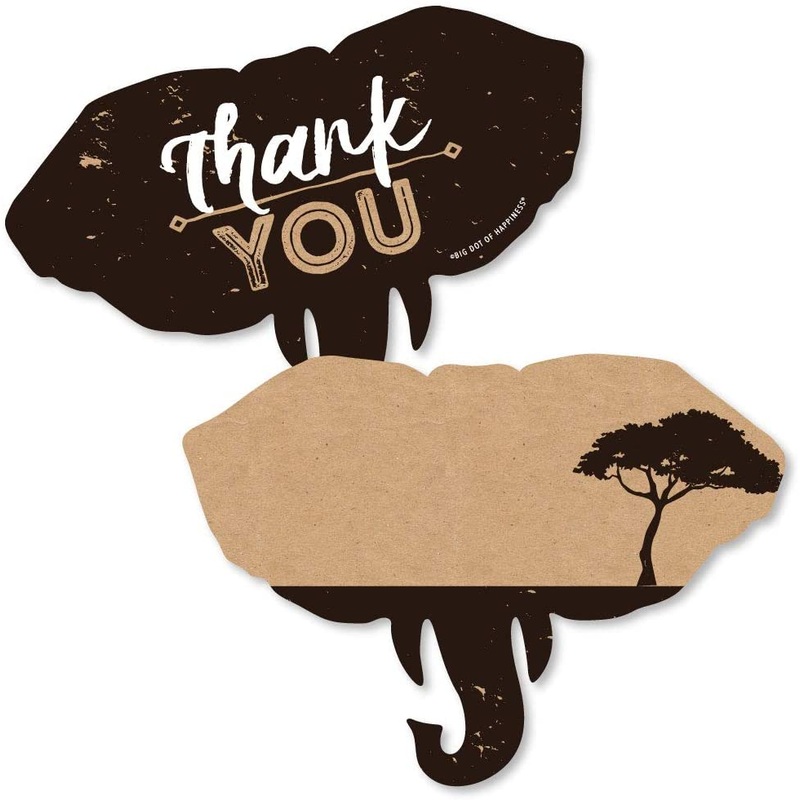 Wild Safari - Shaped Thank You Cards - African Jungle Adventure Birthday Party or Baby Shower Thank You Note Cards with Envelopes - Set of 12