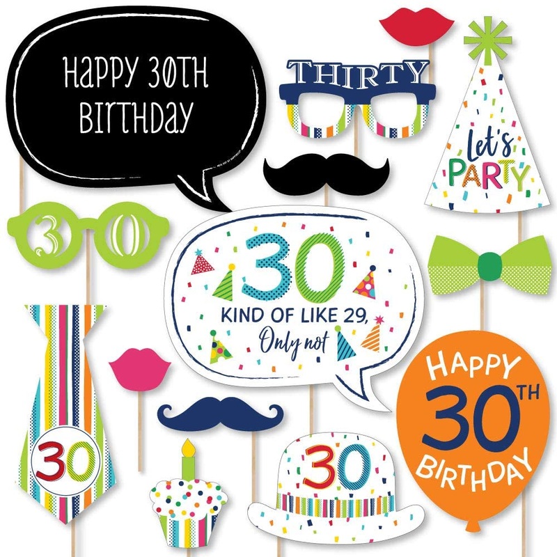 30th Birthday - Cheerful Happy Birthday - Colorful Thirtieth Birthday Party Photo Booth Props Kit - 20 Count