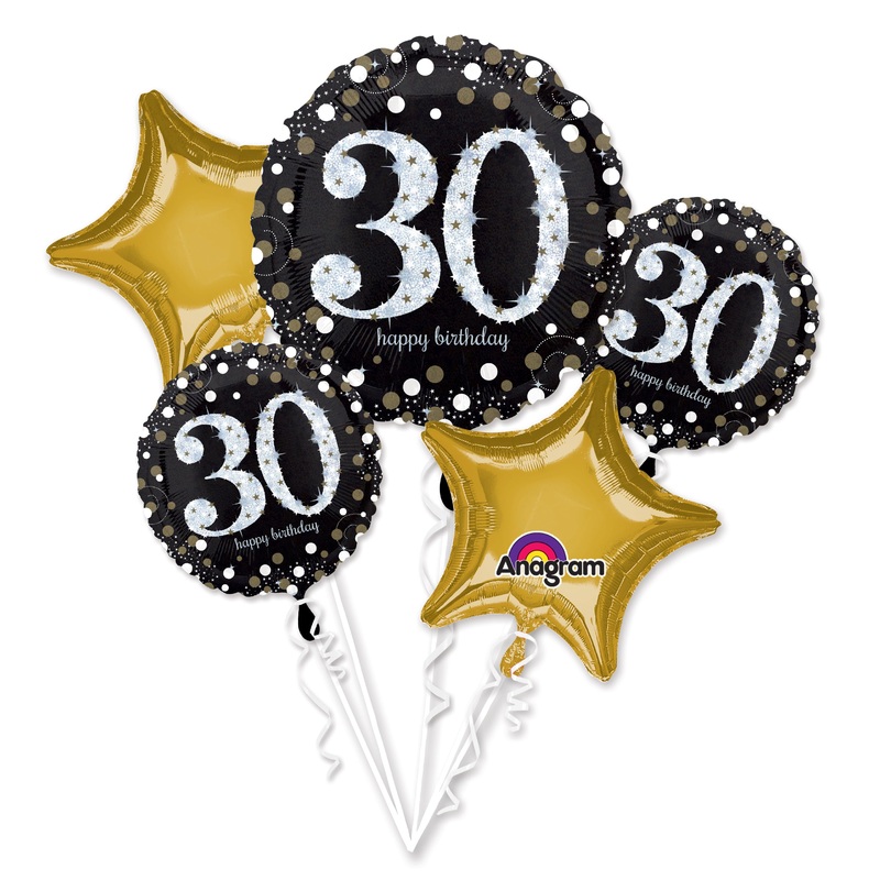 30th Sparkling Fizz Birthday Black & Gold Bouquet - 5 Balloons - With Helium