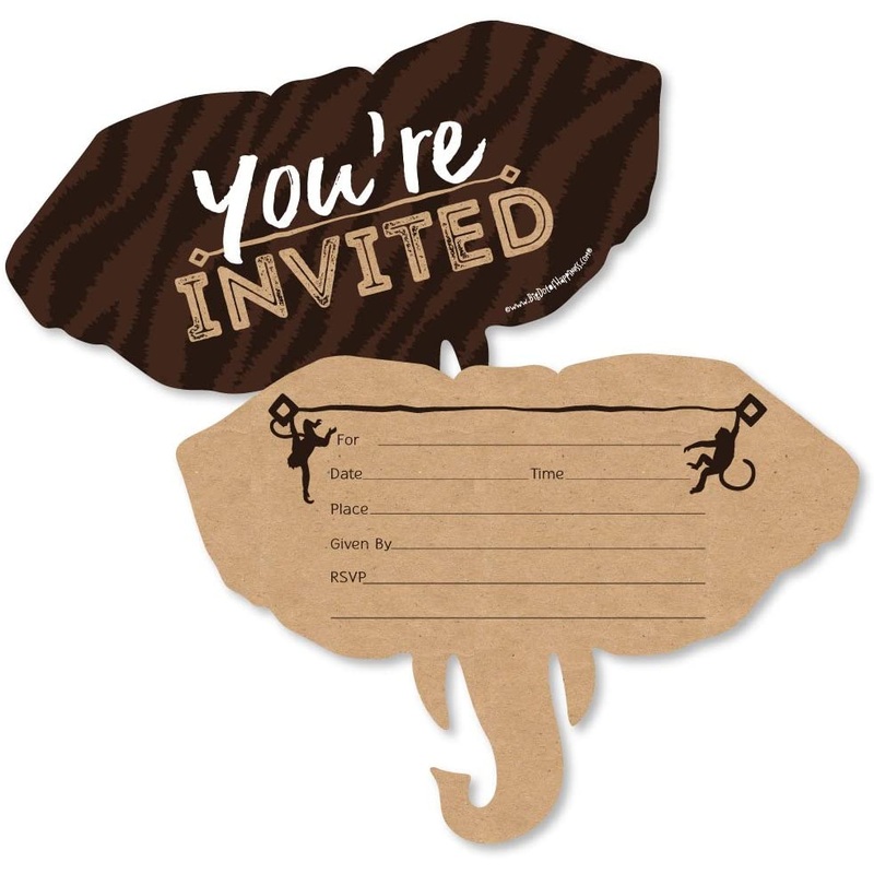 Wild Safari - Shaped Fill-In Invitations - African Jungle Adventure Birthday Party or Baby Shower Invitation Cards with Envelopes - Set of 12