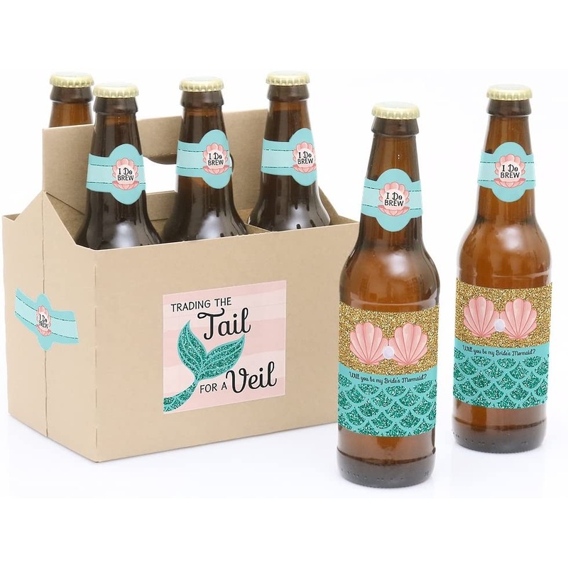 Will You Be My Bride's Mermaid? - Will You Be My Bridesmaid Decorations for Women - 6 Beer Bottle Label Stickers and 1 Carrier
