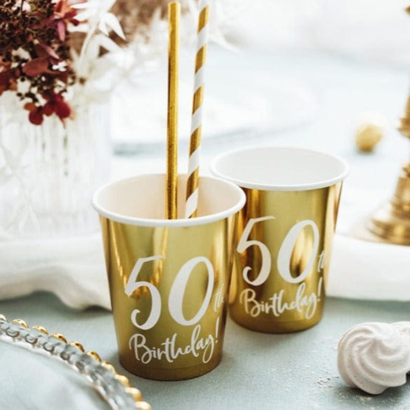 50th Birthday Gold Party Paper Cups x 6