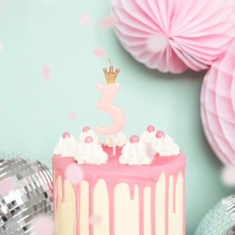 3rd Birthday Number 3 Light Pink & Gold Crown Candle
