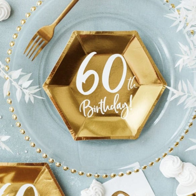 60th Birthday Party Gold Paper Plates x 6