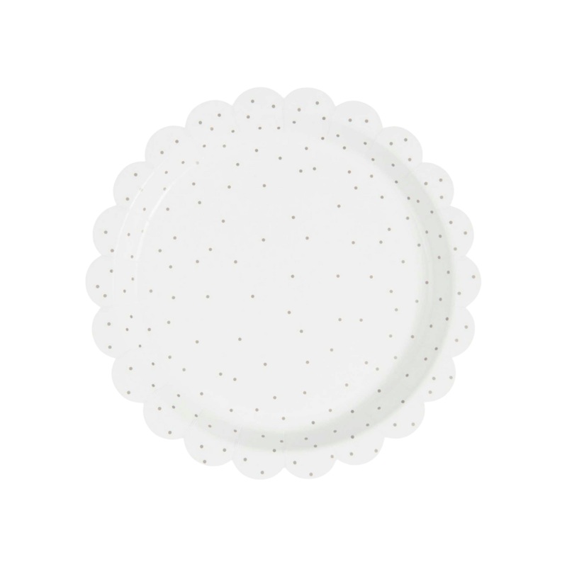 White & Gold Dots Scallop Paper Party Plates x 8