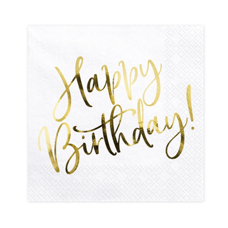 Gold Happy Birthday white napkins / 20 pcs.