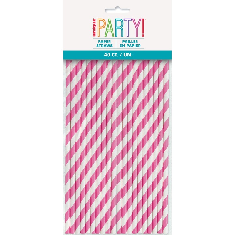 Striped Hot Pink Paper Straws, 40ct