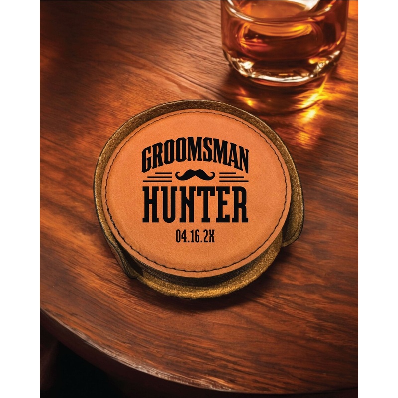 The Hunter Personalized Round Leather Coaster Set 6pc