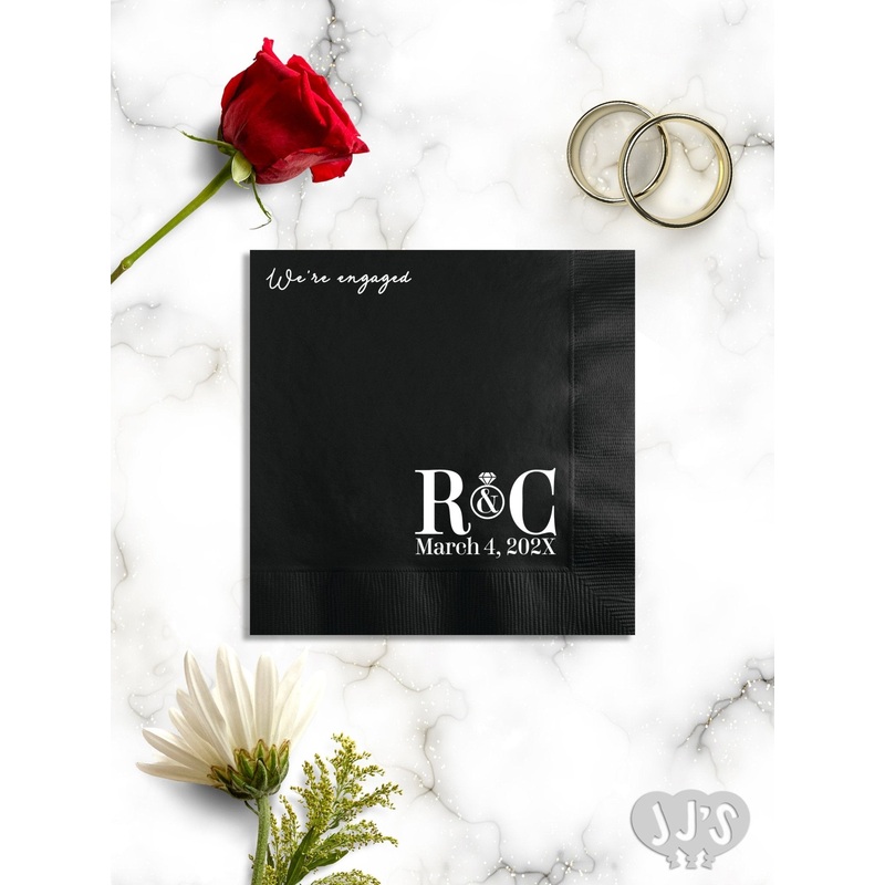 We're Engaged Block Monogram with Ring Pesonalized Napkins