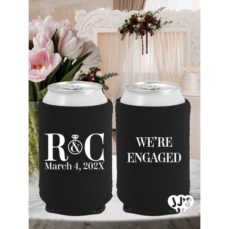 We're Engaged Monogram Wedding Can Coolers