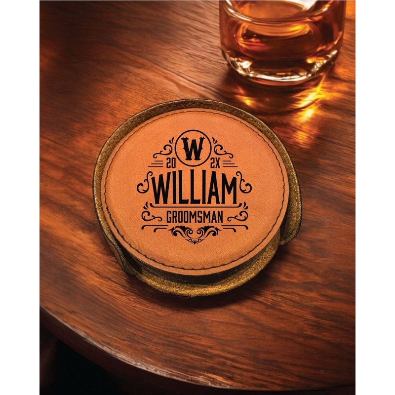 The William Personalized Round Leather Coaster Set 6pc