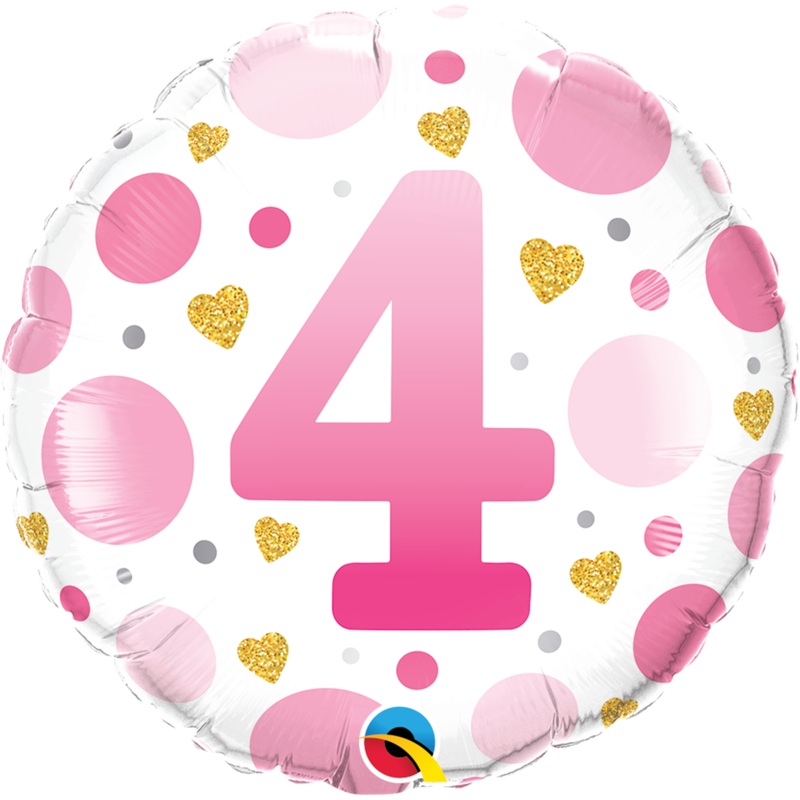 18" ROUND AGE 4 PINK DOTS FOIL