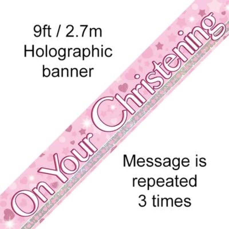 9FT BANNER CHRISTENING PINK HOLOGRAPHIC DOT (PACK OF 6)
