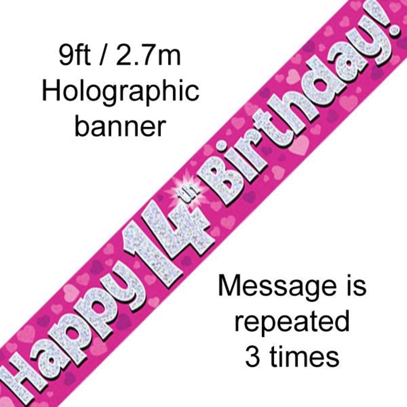 9FT BANNER HAPPY 14TH BIRTHDAY PINK HOLOGRAPHIC (PACK OF 6)