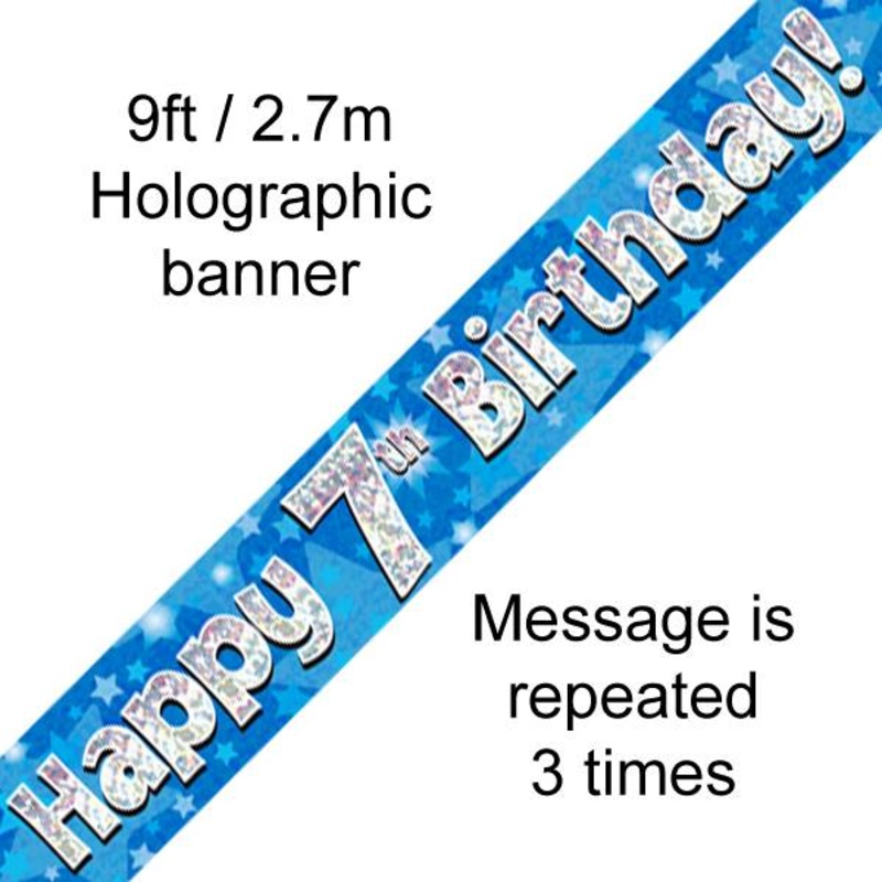 9FT BANNER HAPPY 7TH BIRTHDAY BLUE HOLOGRAPHIC (PACK OF 6)