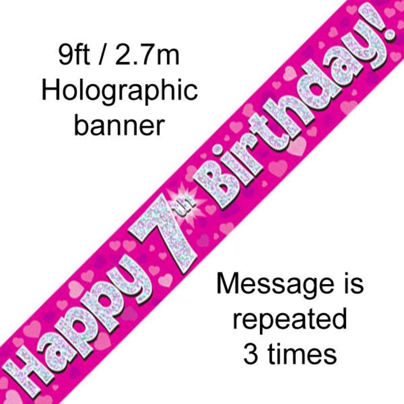 9FT BANNER HAPPY 7TH BIRTHDAY PINK HOLOGRAPHIC (PACK OF 6)