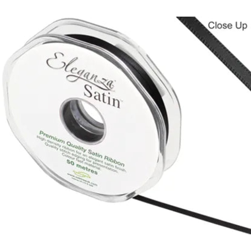 RIBBON: 3mm ELEGANZA DOUBLE FACED SATIN RIBBON BLACK NO.20 (3MM X 50M)