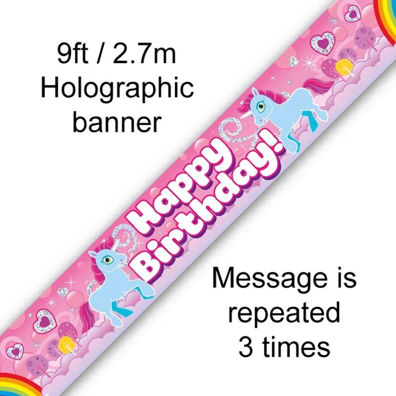 9FT BANNER UNICORN RAINBOW BIRTHDAY HOLOGRAPHIC (PACK OF 6)