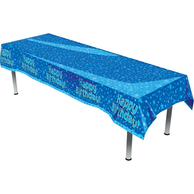 TABLECOVER: HAPPY BIRTHDAY BLUE COLOURFAST PLASTIC TABLE COVER 137CM X 2.6M (ONE PER PACK)