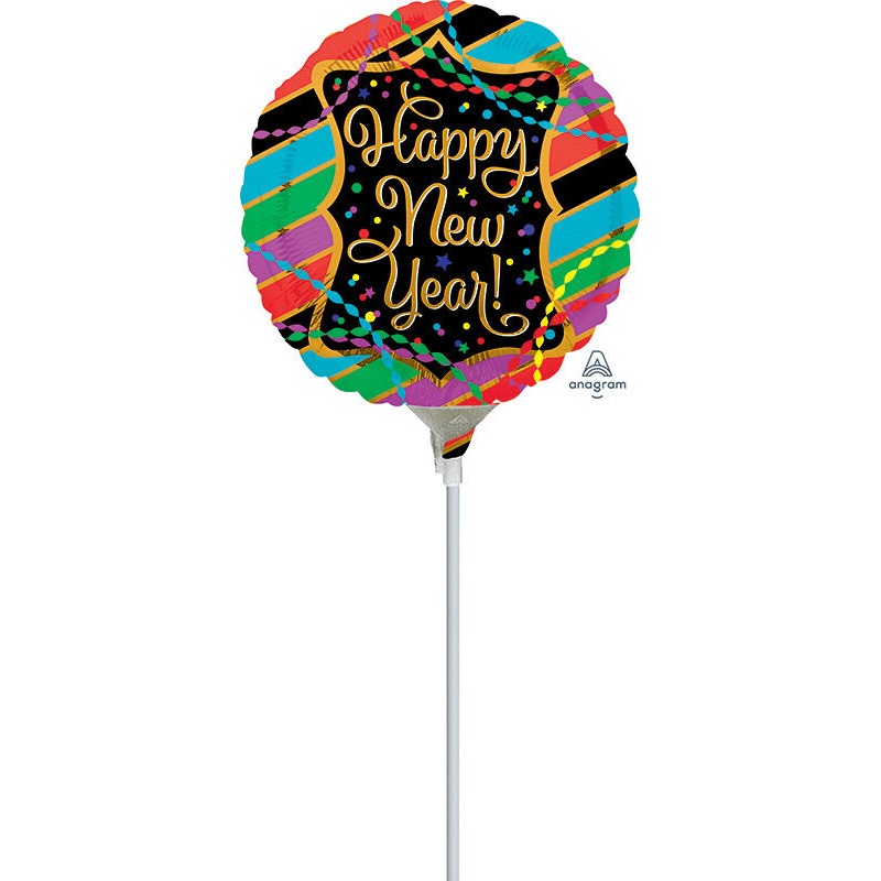 Happy New Year Streamers/Stripes 4" Air-fill Balloon (requires heat sealing)