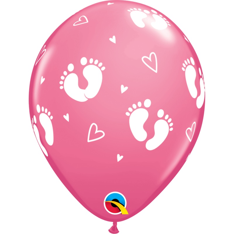 Rose Pink Baby Footprints & Hearts 11 Latex Balloons (50)