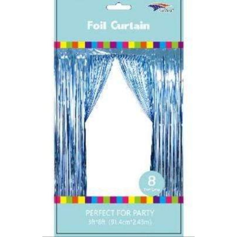 Light Blue 3X8 Metallic Fringe Foil Curtain