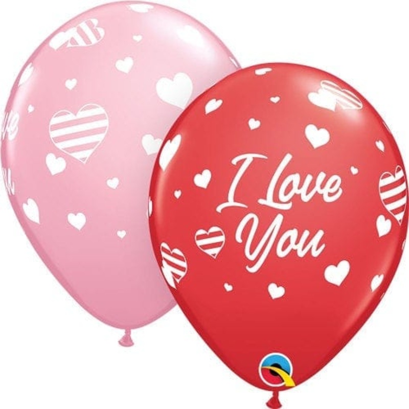 I Love You Striped Hearts 11 Latex Balloons (50 count)