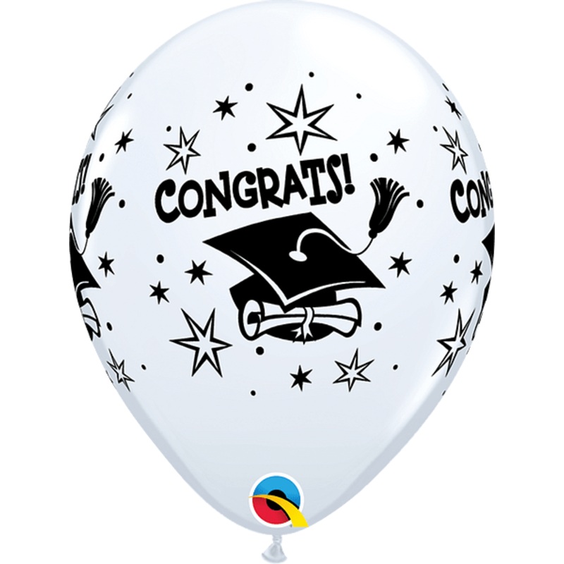 White Congrats! Graduation Cap 11 Latex Balloons (50 count)