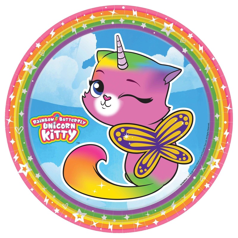 RAINBOW BUTTERFLY UNICORN KITTY LARGE PAPER PLATES 9 (8 count)