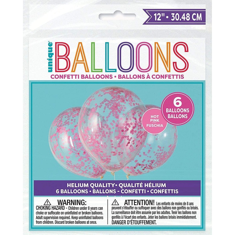 Clear Latex Balloons with Hot Pink Confetti 12 Latex Balloons (6 count)